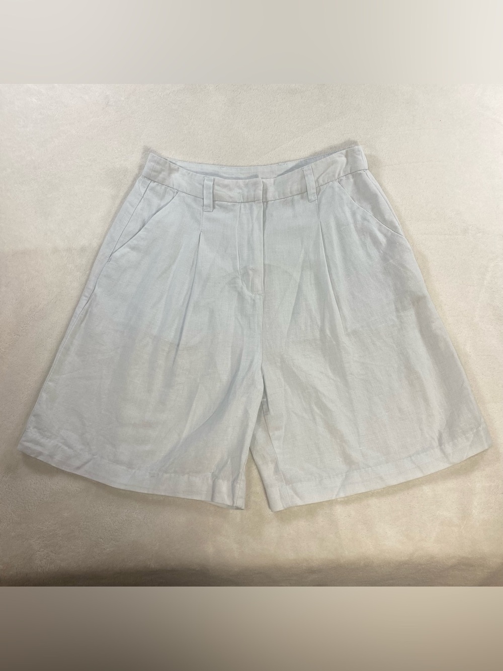 OAK + FORT Light Blue High-Rise Pleated Linen Blend Shorts Size 0